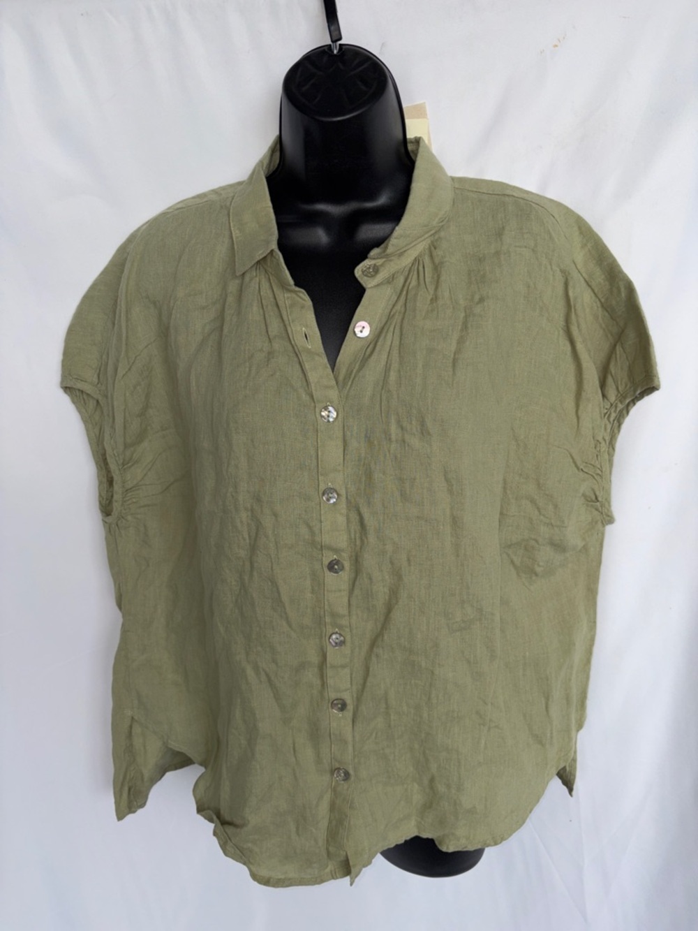 Grae Cove 100% Linen Button Down, olive green, sz s, oversized, 24” PTP, 24” L